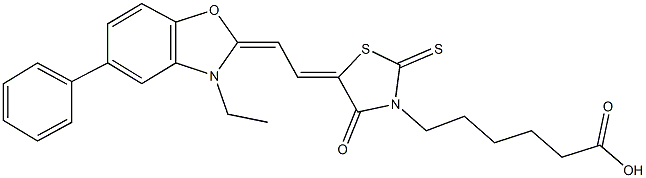 6-{5-[2-(3-ethyl-5-phenyl-1,3-benzoxazol-2(3H)-ylidene)ethylidene]-4-oxo-2-thioxo-1,3-thiazolidin-3-yl}hexanoic acid Struktur