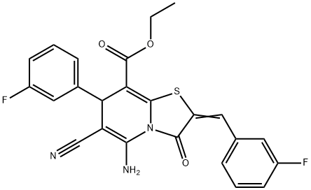 ethyl 5-amino-6-cyano-2-(3-fluorobenzylidene)-7-(3-fluorophenyl)-3-oxo-2,3-dihydro-7H-[1,3]thiazolo[3,2-a]pyridine-8-carboxylate Struktur