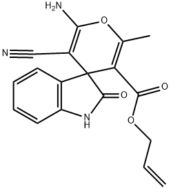 allyl 6-amino-5-cyano-1',3'-dihydro-2-methyl-2'-oxospiro[4H-pyran-4,3'-(2'H)-indole]-3-carboxylate Struktur