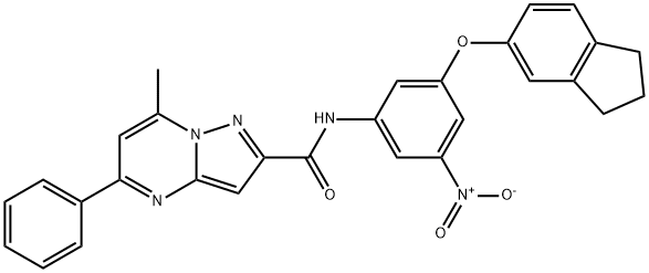 N-{3-(2,3-dihydro-1H-inden-5-yloxy)-5-nitrophenyl}-7-methyl-5-phenylpyrazolo[1,5-a]pyrimidine-2-carboxamide Struktur