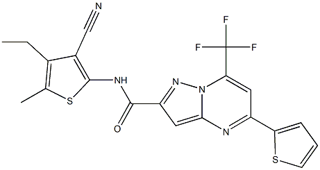 N-(3-cyano-4-ethyl-5-methyl-2-thienyl)-5-(2-thienyl)-7-(trifluoromethyl)pyrazolo[1,5-a]pyrimidine-2-carboxamide Struktur