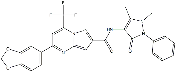 5-(1,3-benzodioxol-5-yl)-N-(1,5-dimethyl-3-oxo-2-phenyl-2,3-dihydro-1H-pyrazol-4-yl)-7-(trifluoromethyl)pyrazolo[1,5-a]pyrimidine-2-carboxamide Struktur