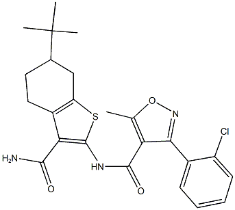 N-[3-(aminocarbonyl)-6-tert-butyl-4,5,6,7-tetrahydro-1-benzothien-2-yl]-3-(2-chlorophenyl)-5-methyl-4-isoxazolecarboxamide Struktur