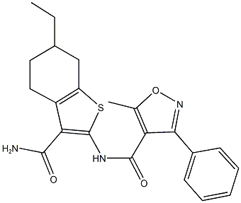 N-[3-(aminocarbonyl)-6-ethyl-4,5,6,7-tetrahydro-1-benzothien-2-yl]-5-methyl-3-phenyl-4-isoxazolecarboxamide Struktur