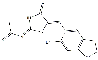 N-{5-[(6-bromo-1,3-benzodioxol-5-yl)methylene]-4-oxo-1,3-thiazolidin-2-ylidene}acetamide Struktur