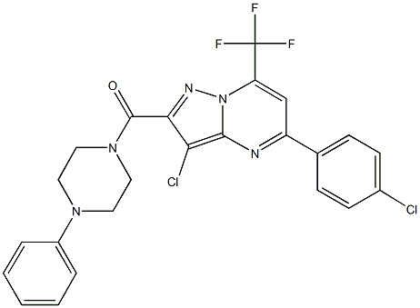 3-chloro-5-(4-chlorophenyl)-2-[(4-phenyl-1-piperazinyl)carbonyl]-7-(trifluoromethyl)pyrazolo[1,5-a]pyrimidine Struktur