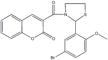 3-{[2-(5-bromo-2-methoxyphenyl)-1,3-thiazolidin-3-yl]carbonyl}-2H-chromen-2-one Struktur