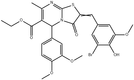 ethyl 2-(3-bromo-4-hydroxy-5-methoxybenzylidene)-5-(3,4-dimethoxyphenyl)-7-methyl-3-oxo-2,3-dihydro-5H-[1,3]thiazolo[3,2-a]pyrimidine-6-carboxylate Struktur