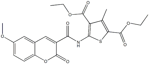 diethyl 5-{[(6-methoxy-2-oxo-2H-chromen-3-yl)carbonyl]amino}-3-methyl-2,4-thiophenedicarboxylate Struktur