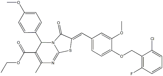 ethyl 2-{4-[(2-chloro-6-fluorobenzyl)oxy]-3-methoxybenzylidene}-5-(4-methoxyphenyl)-7-methyl-3-oxo-2,3-dihydro-5H-[1,3]thiazolo[3,2-a]pyrimidine-6-carboxylate Struktur