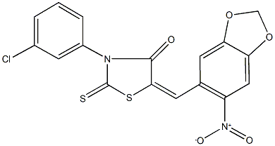 3-(3-chlorophenyl)-5-({6-nitro-1,3-benzodioxol-5-yl}methylene)-2-thioxo-1,3-thiazolidin-4-one Struktur