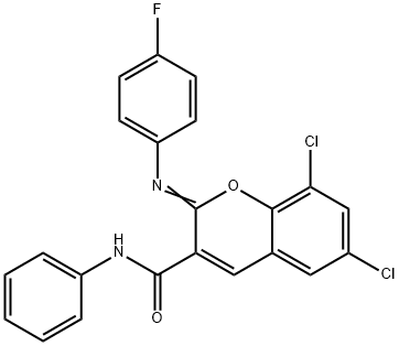 6,8-dichloro-2-[(4-fluorophenyl)imino]-N-phenyl-2H-chromene-3-carboxamide Struktur