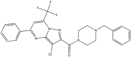 2-[(4-benzyl-1-piperazinyl)carbonyl]-3-chloro-5-phenyl-7-(trifluoromethyl)pyrazolo[1,5-a]pyrimidine Struktur