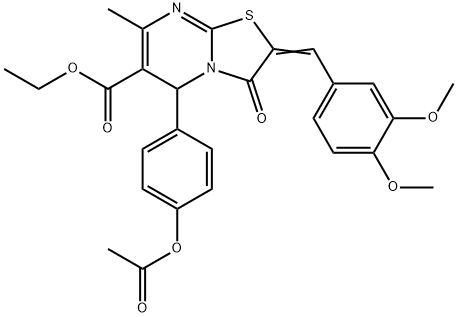 ethyl 5-[4-(acetyloxy)phenyl]-2-(3,4-dimethoxybenzylidene)-7-methyl-3-oxo-2,3-dihydro-5H-[1,3]thiazolo[3,2-a]pyrimidine-6-carboxylate Struktur