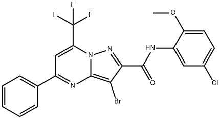 3-bromo-N-(5-chloro-2-methoxyphenyl)-5-phenyl-7-(trifluoromethyl)pyrazolo[1,5-a]pyrimidine-2-carboxamide Struktur