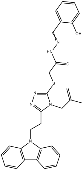 2-{[5-[2-(9H-carbazol-9-yl)ethyl]-4-(2-methyl-2-propenyl)-4H-1,2,4-triazol-3-yl]sulfanyl}-N'-(2-hydroxybenzylidene)acetohydrazide Struktur