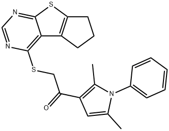 2-(6,7-dihydro-5H-cyclopenta[4,5]thieno[2,3-d]pyrimidin-4-ylsulfanyl)-1-(2,5-dimethyl-1-phenyl-1H-pyrrol-3-yl)ethanone Struktur