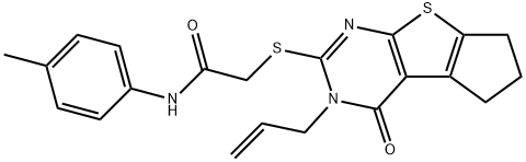 2-[(3-allyl-4-oxo-3,5,6,7-tetrahydro-4H-cyclopenta[4,5]thieno[2,3-d]pyrimidin-2-yl)sulfanyl]-N-(4-methylphenyl)acetamide Struktur