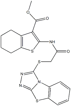 methyl 2-{[([1,2,4]triazolo[3,4-b][1,3]benzothiazol-3-ylsulfanyl)acetyl]amino}-4,5,6,7-tetrahydro-1-benzothiophene-3-carboxylate Struktur