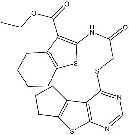 ethyl 2-{[(6,7-dihydro-5H-cyclopenta[4,5]thieno[2,3-d]pyrimidin-4-ylsulfanyl)acetyl]amino}-4,5,6,7-tetrahydro-1-benzothiophene-3-carboxylate Struktur