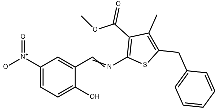 methyl5-benzyl-2-({2-hydroxy-5-nitrobenzylidene}amino)-4-methyl-3-thiophenecarboxylate Struktur