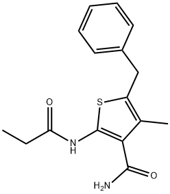 5-benzyl-4-methyl-2-(propionylamino)-3-thiophenecarboxamide Struktur