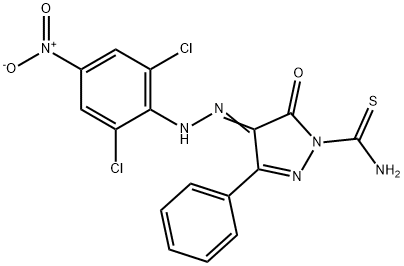 4-({2,6-dichloro-4-nitrophenyl}hydrazono)-5-oxo-3-phenyl-4,5-dihydro-1H-pyrazole-1-carbothioamide Struktur