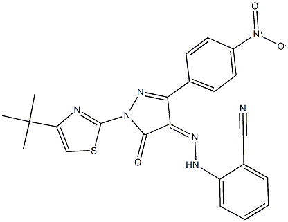 2-[2-(1-(4-tert-butyl-1,3-thiazol-2-yl)-3-{4-nitrophenyl}-5-oxo-1,5-dihydro-4H-pyrazol-4-ylidene)hydrazino]benzonitrile Struktur