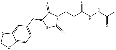 N'-acetyl-3-[5-(1,3-benzodioxol-5-ylmethylene)-4-oxo-2-thioxo-1,3-thiazolidin-3-yl]propanohydrazide Struktur