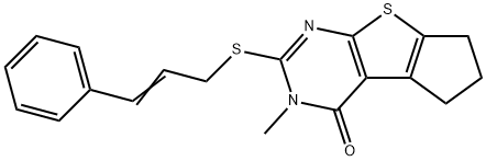 2-(cinnamylsulfanyl)-3-methyl-3,5,6,7-tetrahydro-4H-cyclopenta[4,5]thieno[2,3-d]pyrimidin-4-one Struktur