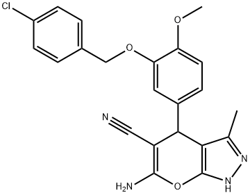 6-amino-4-{3-[(4-chlorobenzyl)oxy]-4-methoxyphenyl}-3-methyl-1,4-dihydropyrano[2,3-c]pyrazole-5-carbonitrile Struktur