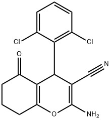 2-amino-4-(2,6-dichlorophenyl)-5-oxo-5,6,7,8-tetrahydro-4H-chromene-3-carbonitrile Struktur