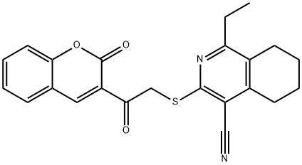 1-ethyl-3-{[2-oxo-2-(2-oxo-2H-chromen-3-yl)ethyl]sulfanyl}-5,6,7,8-tetrahydro-4-isoquinolinecarbonitrile Struktur