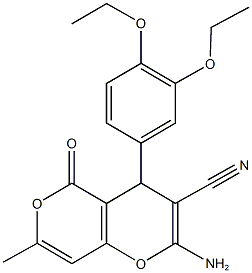 2-amino-4-(3,4-diethoxyphenyl)-7-methyl-5-oxo-4H,5H-pyrano[4,3-b]pyran-3-carbonitrile Struktur