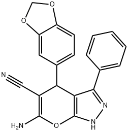 6-amino-4-(1,3-benzodioxol-5-yl)-3-phenyl-2,4-dihydropyrano[2,3-c]pyrazole-5-carbonitrile Struktur