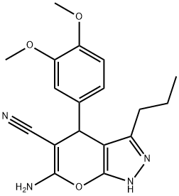 6-amino-4-(3,4-dimethoxyphenyl)-3-propyl-2,4-dihydropyrano[2,3-c]pyrazole-5-carbonitrile Struktur