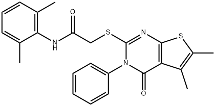 2-[(5,6-dimethyl-4-oxo-3-phenyl-3,4-dihydrothieno[2,3-d]pyrimidin-2-yl)sulfanyl]-N-(2,6-dimethylphenyl)acetamide Struktur