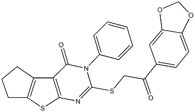 2-{[2-(1,3-benzodioxol-5-yl)-2-oxoethyl]sulfanyl}-3-phenyl-3,5,6,7-tetrahydro-4H-cyclopenta[4,5]thieno[2,3-d]pyrimidin-4-one Struktur