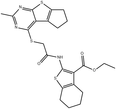 ethyl 2-({[(2-methyl-6,7-dihydro-5H-cyclopenta[4,5]thieno[2,3-d]pyrimidin-4-yl)sulfanyl]acetyl}amino)-4,5,6,7-tetrahydro-1-benzothiophene-3-carboxylate Struktur