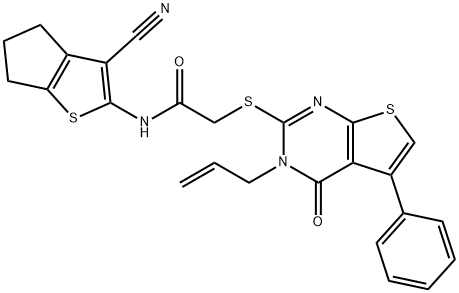 2-[(3-allyl-4-oxo-5-phenyl-3,4-dihydrothieno[2,3-d]pyrimidin-2-yl)sulfanyl]-N-(3-cyano-5,6-dihydro-4H-cyclopenta[b]thien-2-yl)acetamide Struktur