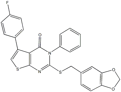 2-[(1,3-benzodioxol-5-ylmethyl)sulfanyl]-5-(4-fluorophenyl)-3-phenylthieno[2,3-d]pyrimidin-4(3H)-one Struktur