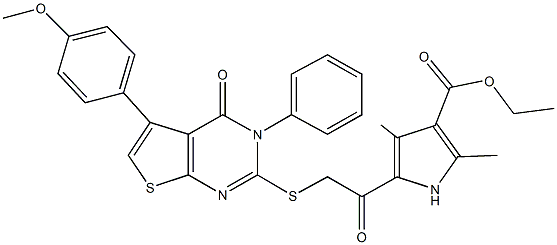 ethyl 5-({[5-(4-methoxyphenyl)-4-oxo-3-phenyl-3,4-dihydrothieno[2,3-d]pyrimidin-2-yl]sulfanyl}acetyl)-2,4-dimethyl-1H-pyrrole-3-carboxylate Struktur