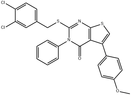 2-[(3,4-dichlorobenzyl)sulfanyl]-5-(4-methoxyphenyl)-3-phenylthieno[2,3-d]pyrimidin-4(3H)-one Struktur