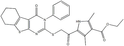 ethyl 2,4-dimethyl-5-{[(4-oxo-3-phenyl-3,4,5,6,7,8-hexahydro[1]benzothieno[2,3-d]pyrimidin-2-yl)sulfanyl]acetyl}-1H-pyrrole-3-carboxylate Struktur