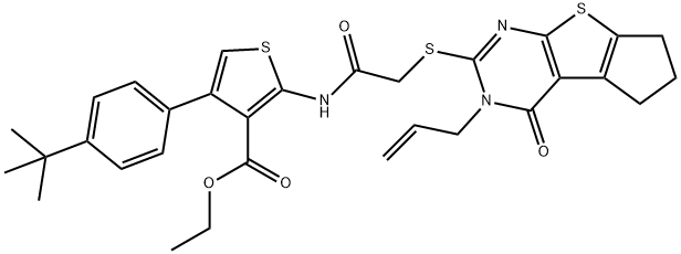 ethyl 2-({[(3-allyl-4-oxo-3,5,6,7-tetrahydro-4H-cyclopenta[4,5]thieno[2,3-d]pyrimidin-2-yl)sulfanyl]acetyl}amino)-4-(4-tert-butylphenyl)-3-thiophenecarboxylate Struktur