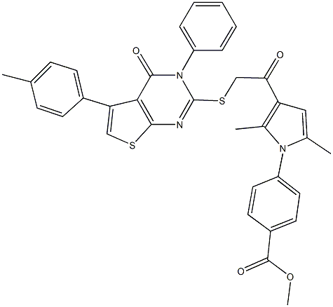 methyl 4-[2,5-dimethyl-3-({[5-(4-methylphenyl)-4-oxo-3-phenyl-3,4-dihydrothieno[2,3-d]pyrimidin-2-yl]sulfanyl}acetyl)-1H-pyrrol-1-yl]benzoate Struktur