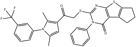 2-[(2-{2,5-dimethyl-1-[3-(trifluoromethyl)phenyl]-1H-pyrrol-3-yl}-2-oxoethyl)sulfanyl]-3-phenyl-3,5,6,7-tetrahydro-4H-cyclopenta[4,5]thieno[2,3-d]pyrimidin-4-one Struktur