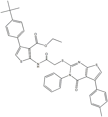 ethyl 4-(4-tert-butylphenyl)-2-[({[5-(4-methylphenyl)-4-oxo-3-phenyl-3,4-dihydrothieno[2,3-d]pyrimidin-2-yl]sulfanyl}acetyl)amino]-3-thiophenecarboxylate Struktur