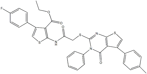 ethyl 4-(4-fluorophenyl)-2-[({[5-(4-methylphenyl)-4-oxo-3-phenyl-3,4-dihydrothieno[2,3-d]pyrimidin-2-yl]sulfanyl}acetyl)amino]-3-thiophenecarboxylate Struktur