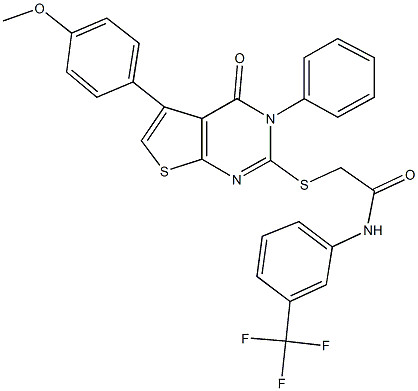 2-{[5-(4-methoxyphenyl)-4-oxo-3-phenyl-3,4-dihydrothieno[2,3-d]pyrimidin-2-yl]sulfanyl}-N-[3-(trifluoromethyl)phenyl]acetamide Struktur